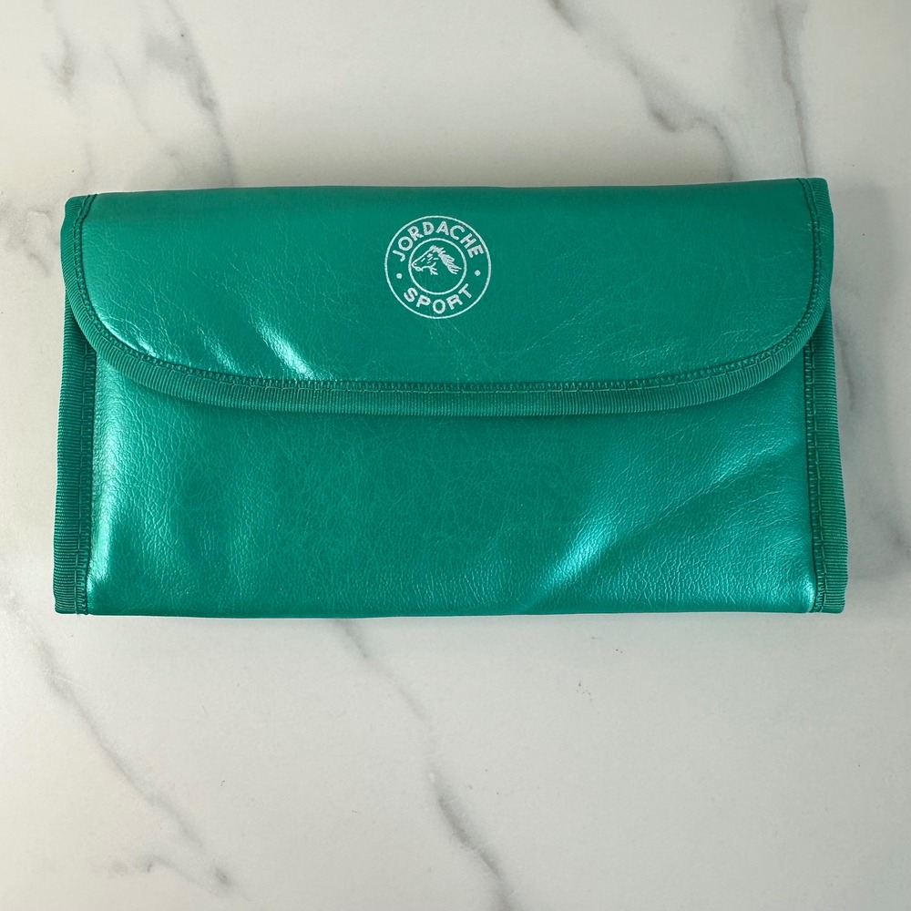 Vintage Jordache Sport Metallic Teal Green Checkbook Wallet Retro 80s Tri-fold